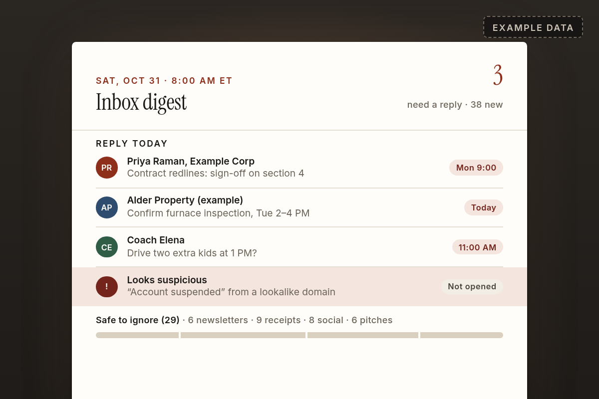 Example inbox digest: 3 emails that need a reply today with deadlines, one flagged suspicious email, and 29 safe-to-ignore messages grouped by type.